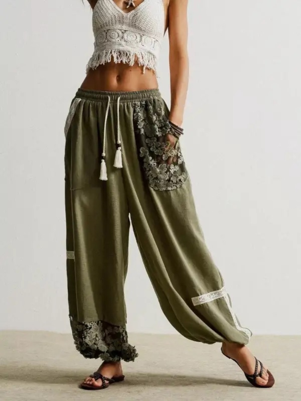 Mello Lace Accents Patchwork Crochet Jogger Pants - NWOT size large